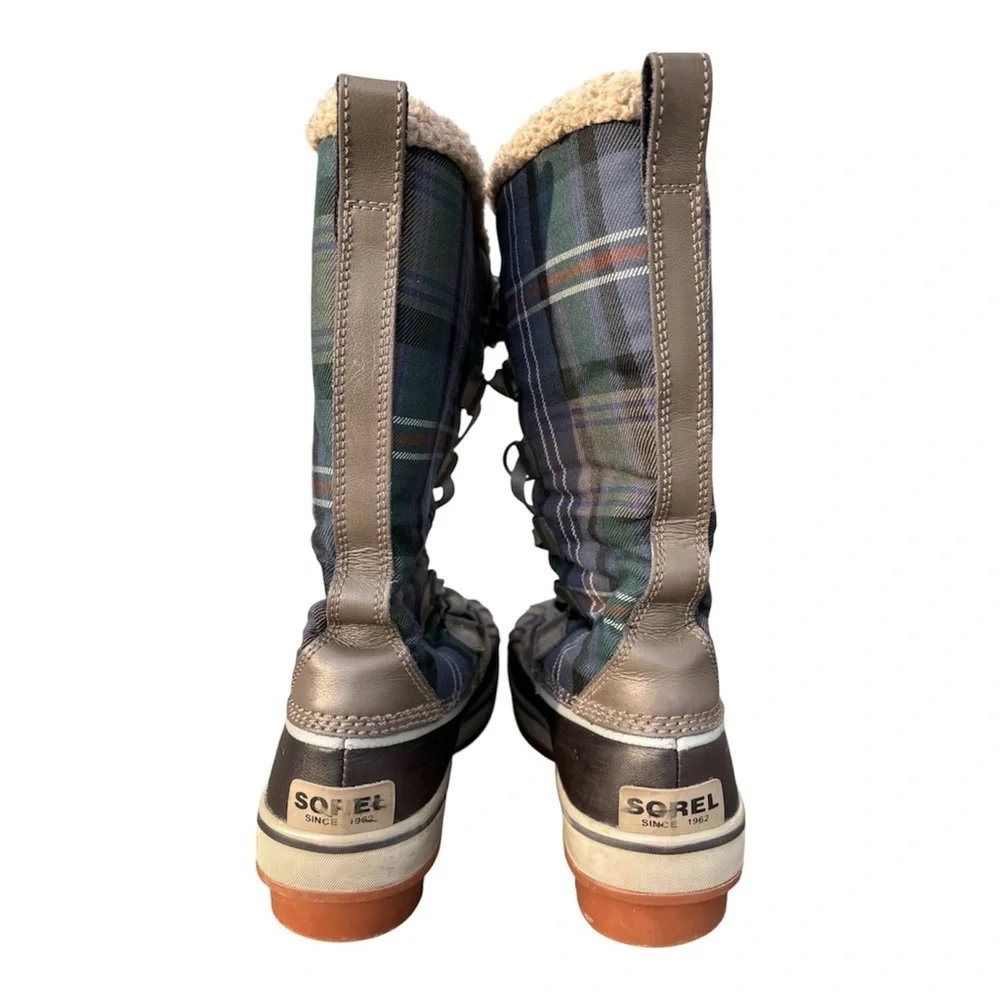 Sorel Women’s Tivoli High Waterproof Winter Boots – Brown w/ blue-grn plaid sz 6